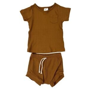 Mebie Baby Brown Ribbed Top & Shorties 2 Piece Outfit Size 6-12 Months